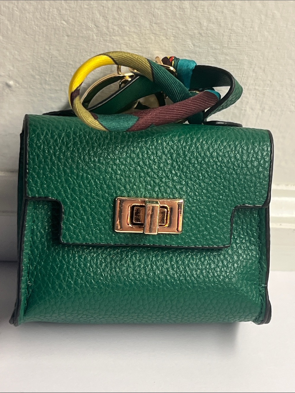 Green Mini Crossbody Key Chain Bag or Charm w/Gold Hardware & Mini Scarf 3x2x1 - Picture 5 of 10